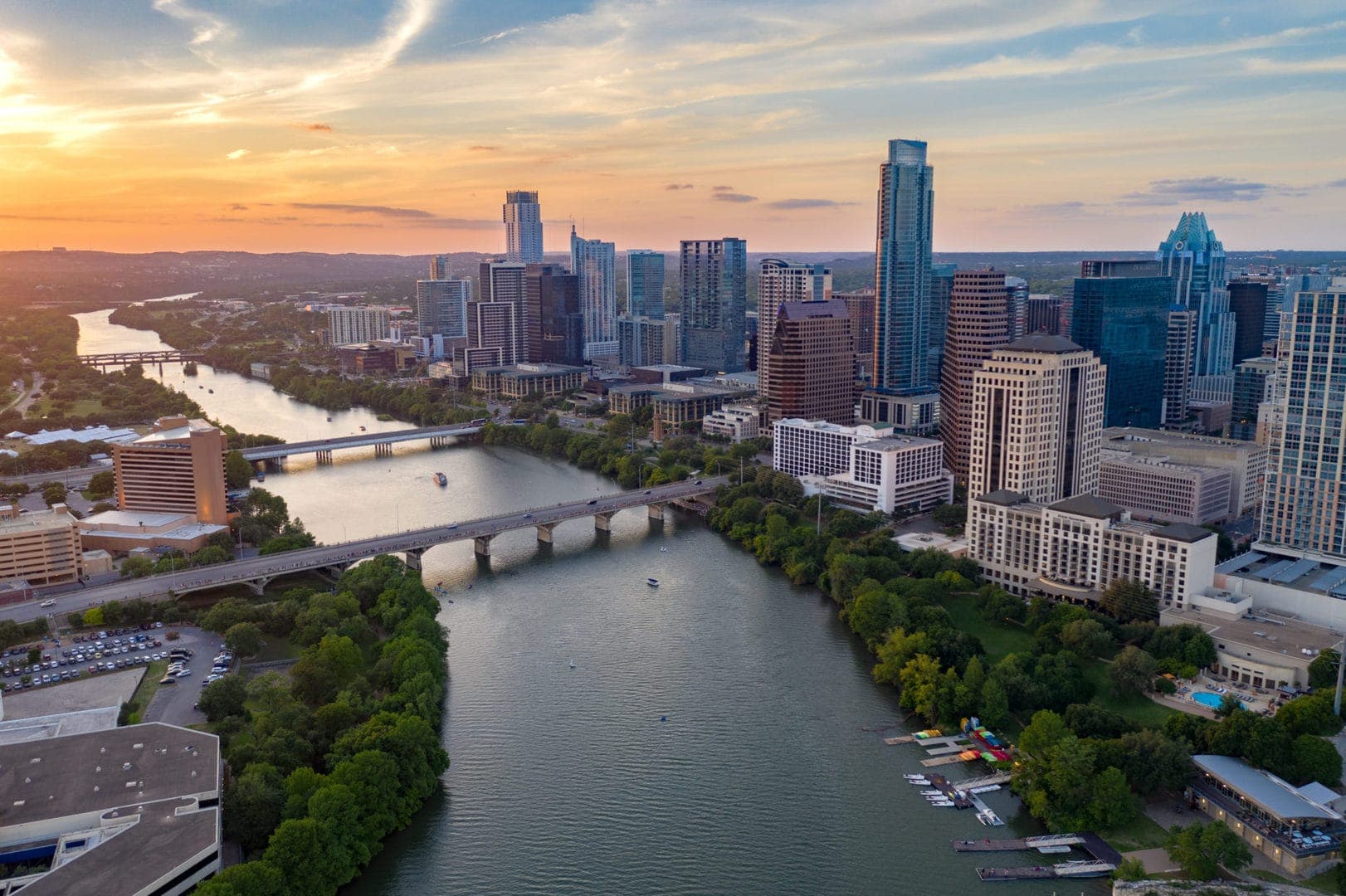 Lady Bird Lake and downtown Austin at sunset