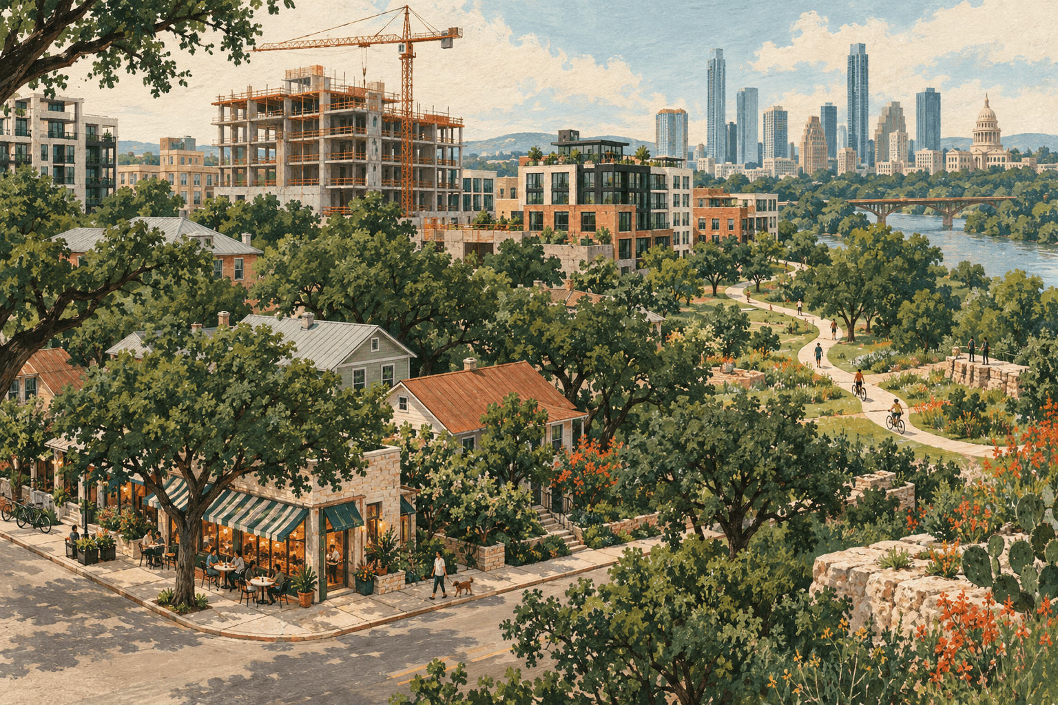 Editorial illustration of an Austin-inspired neighborhood and construction activity