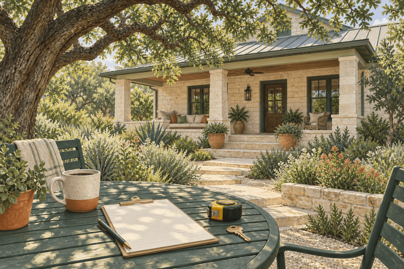 Conceptual editorial illustration of researching an Austin home and its surroundings
