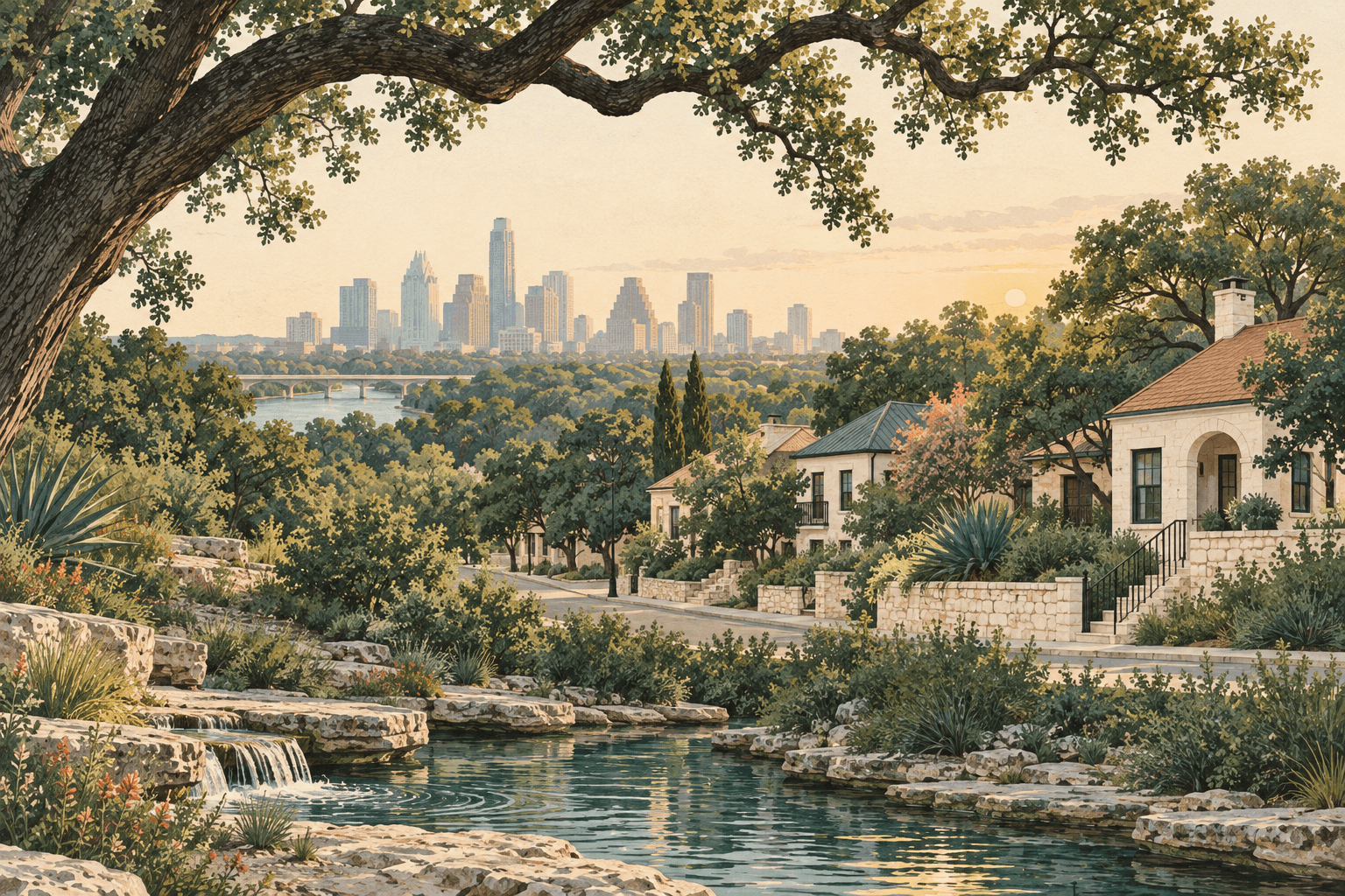 나무가 우거진 오스틴 거리와 석회암 주택, live oak 아래의 개울을 담은 편집 일러스트