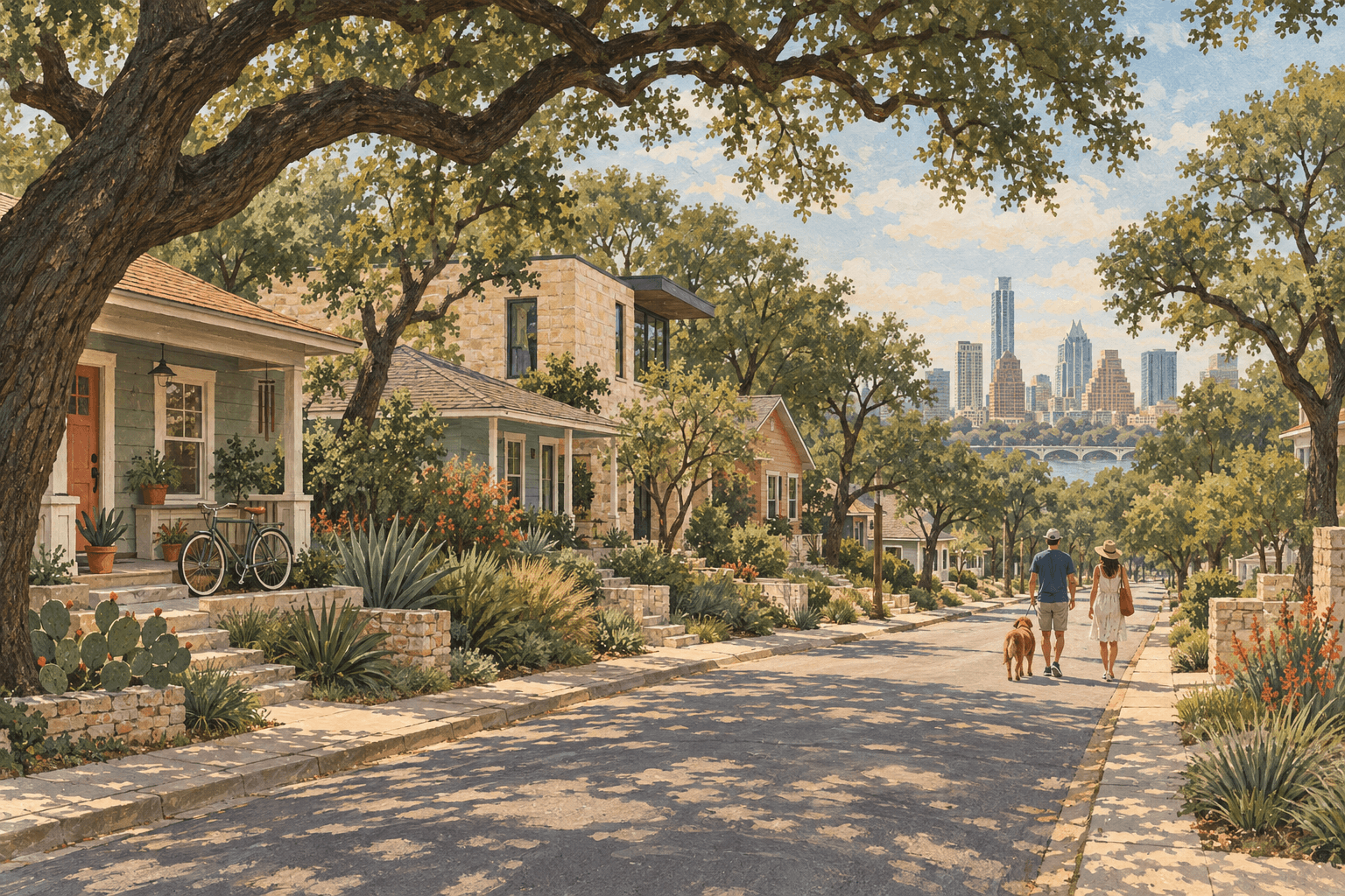 Original editorial illustration of a tree-lined Austin-inspired residential street
