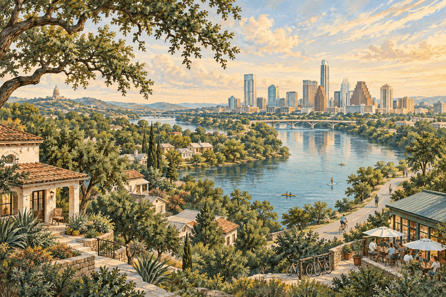 Original editorial illustration of an Austin-inspired lakeside city and neighborhood life