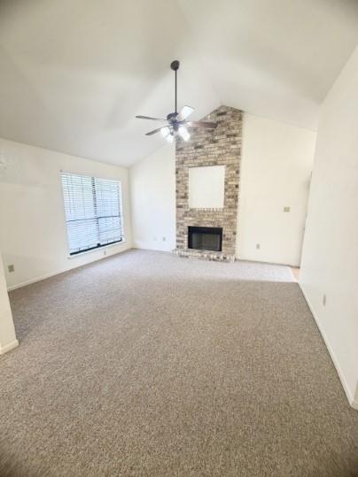 Unfurnished living room featuring ceiling fan, ca