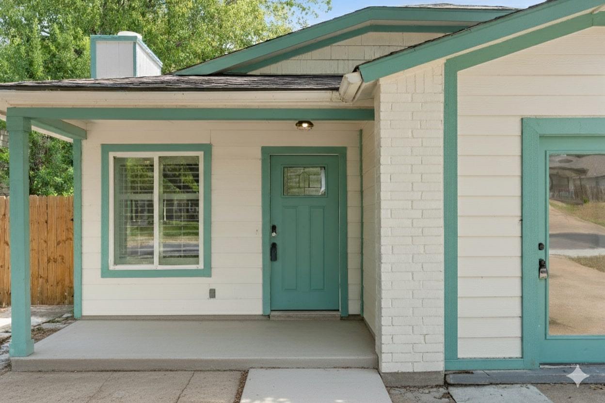 Entrance to property featuring a porch, brick sid