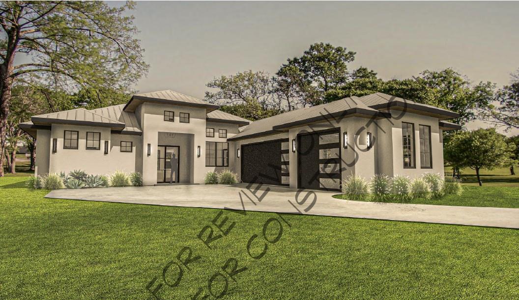 Prairie-style house with a front yard, stucco sid
