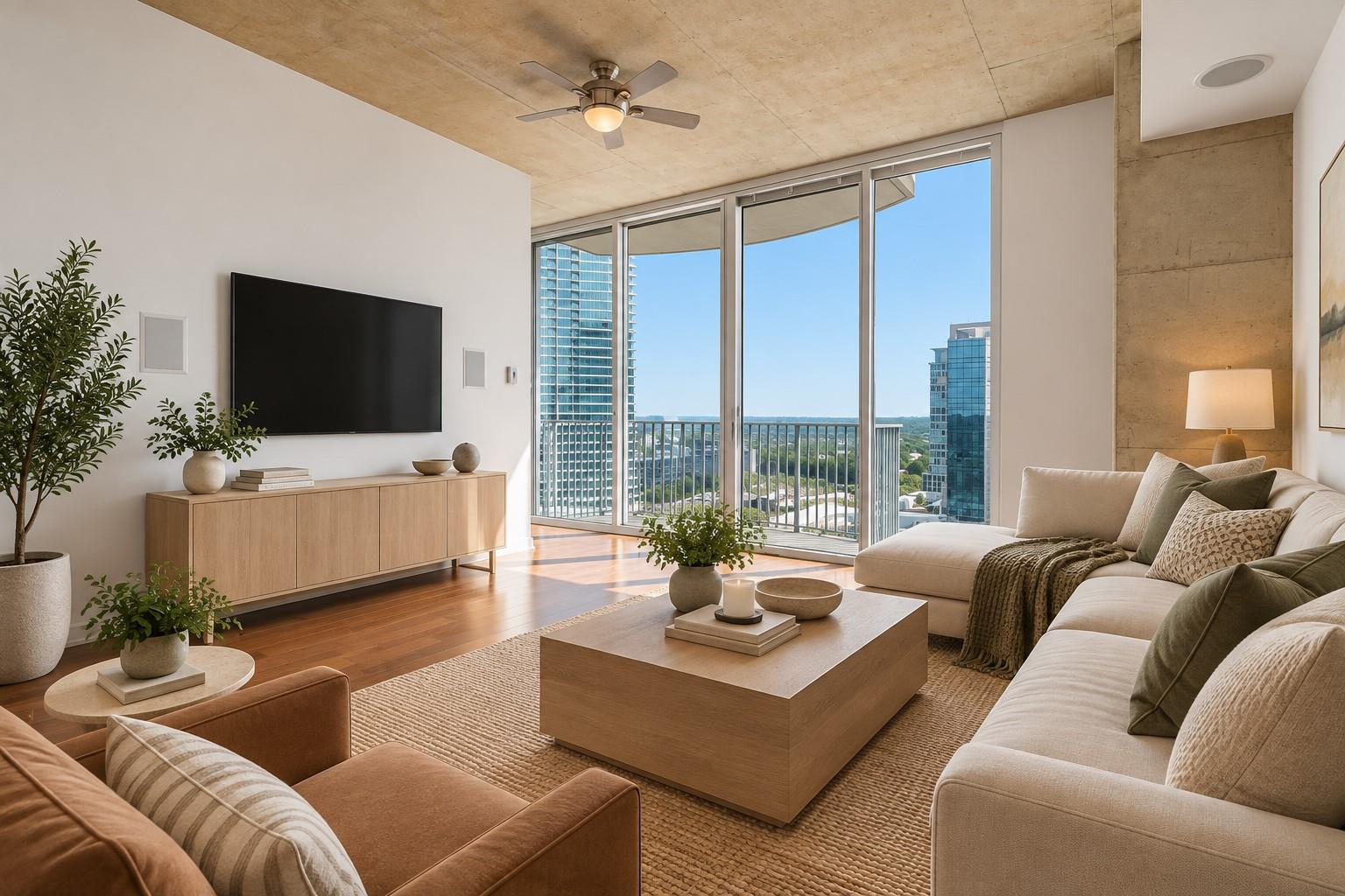 Rich hardwood floors complement concrete ceilings