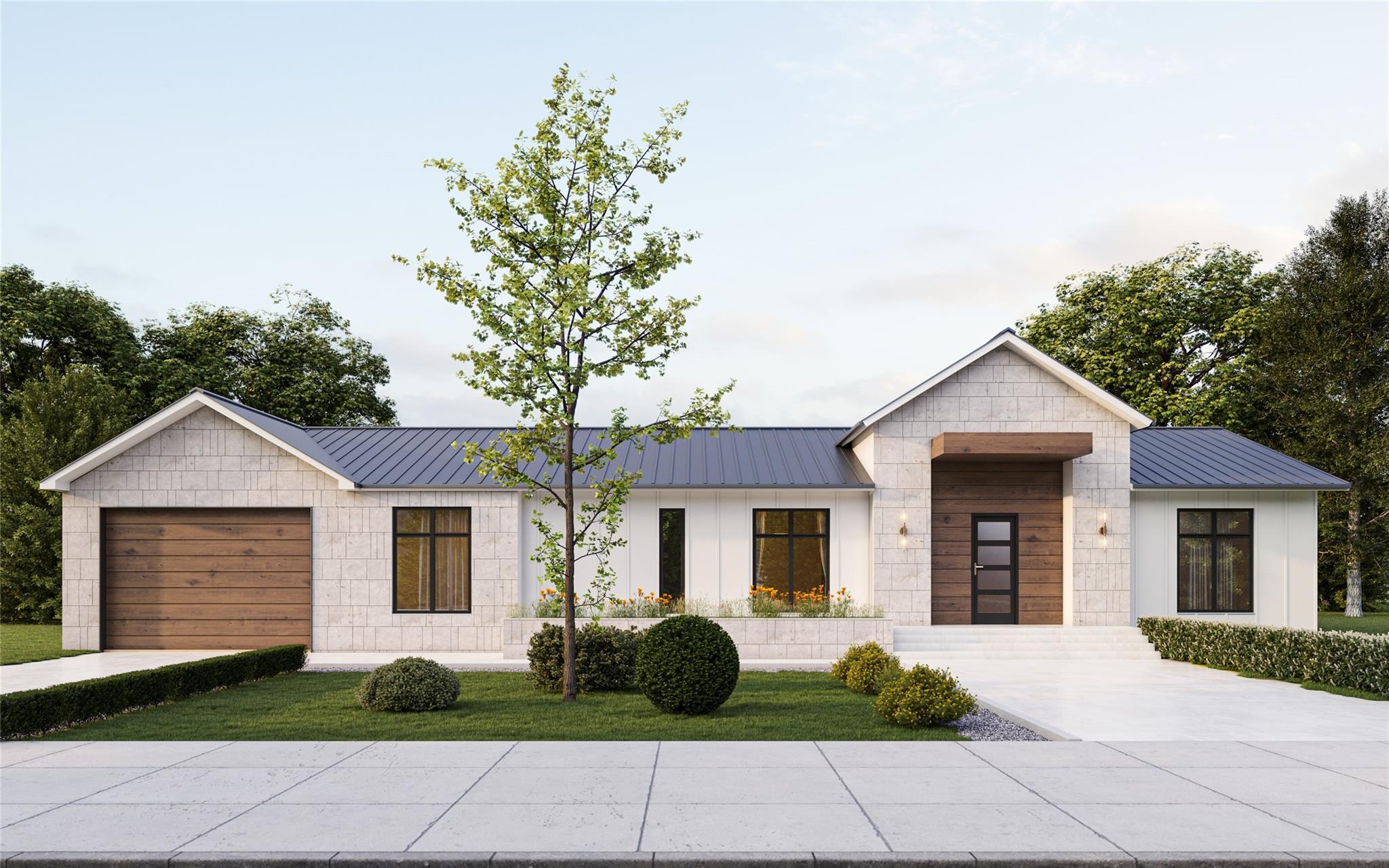 Modern inspired farmhouse featuring a metal roof,