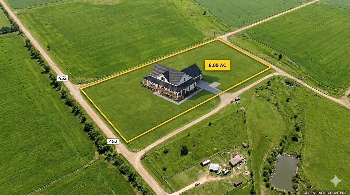 An aerial perspective reveals a charming farmhous