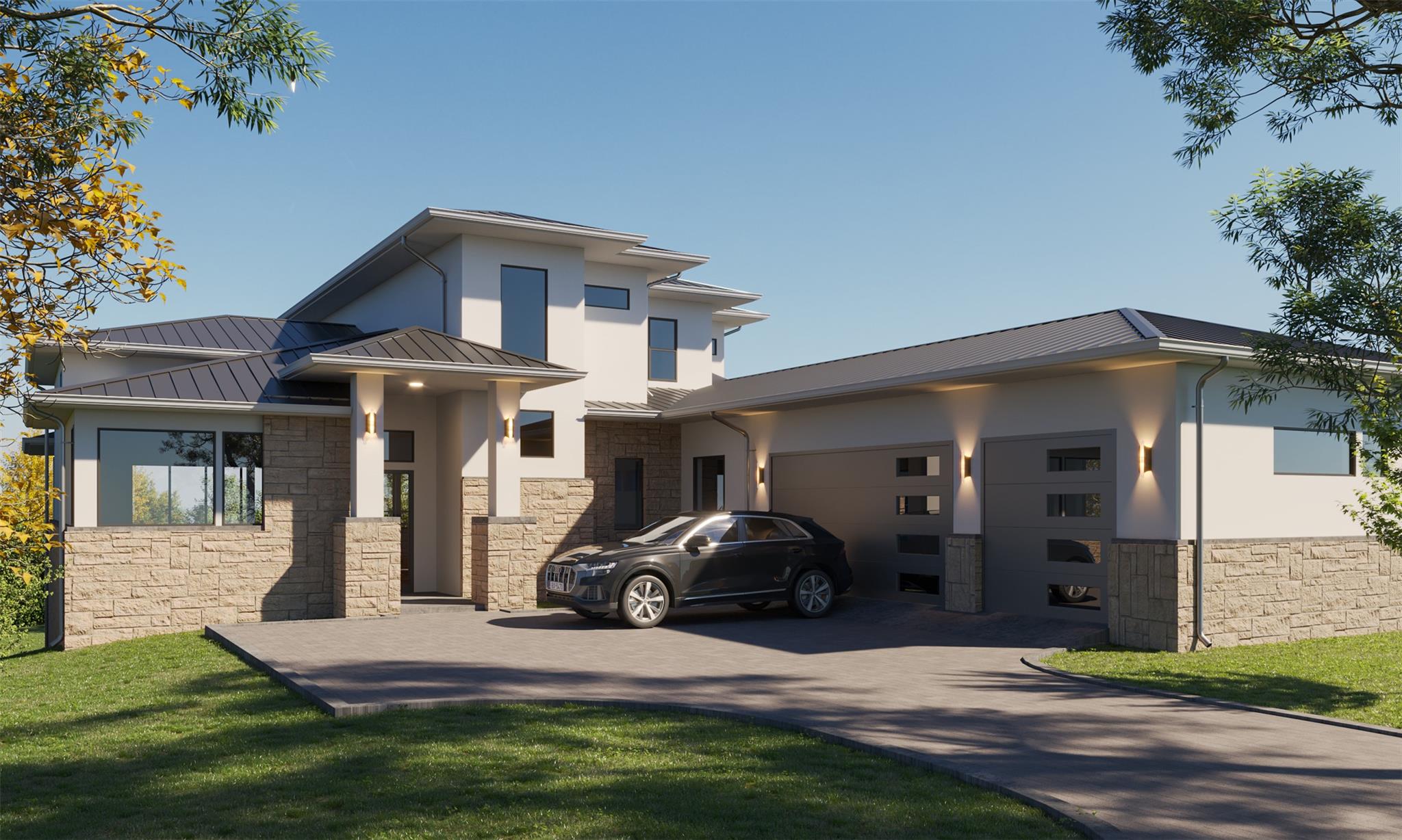 View of front of home featuring stone siding, stu