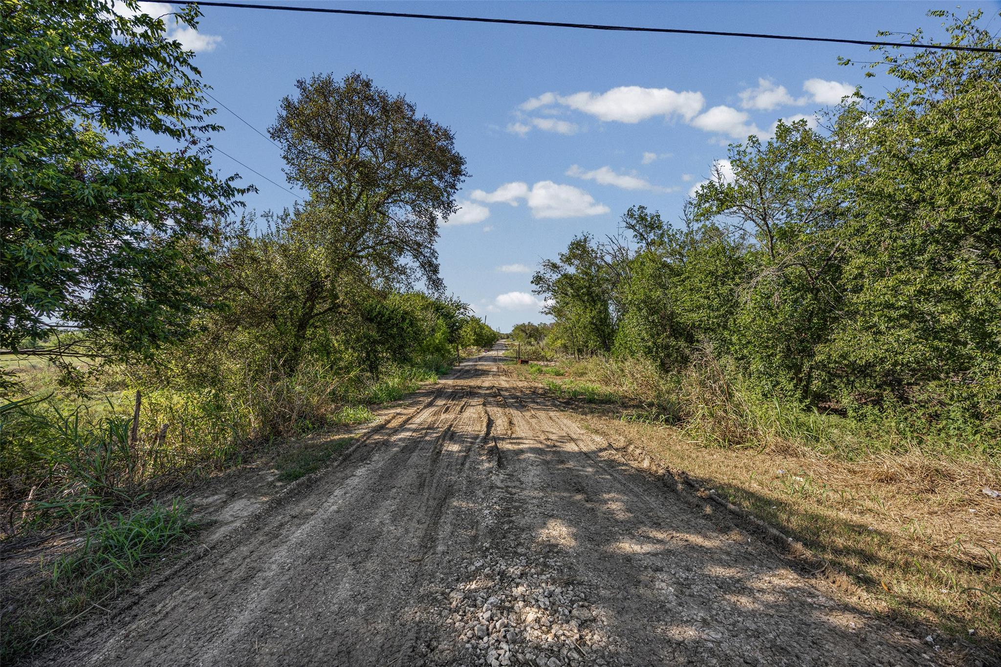 A long, rustic dirt path winds ahead under open b