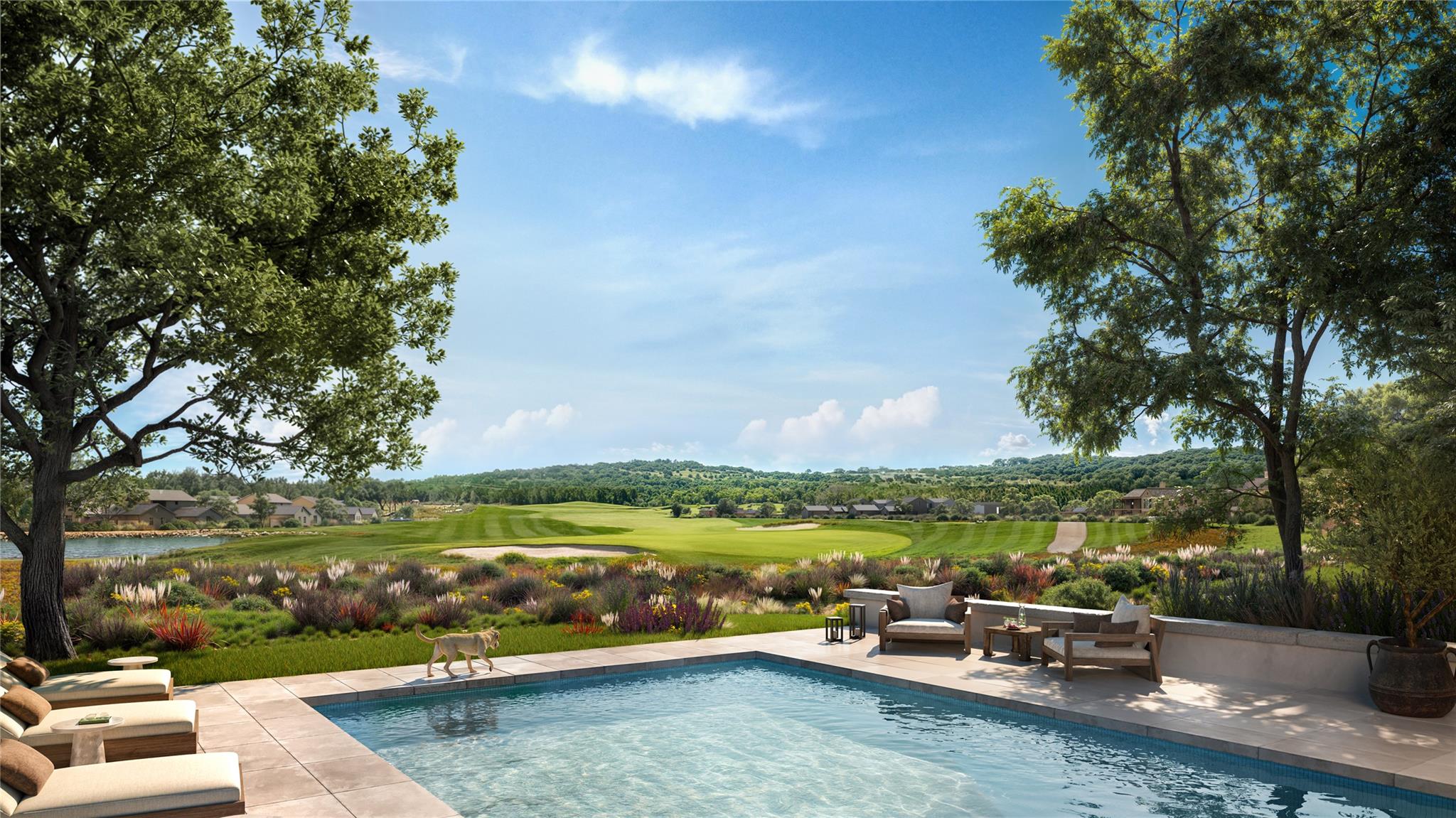 Outdoor pool featuring a patio area, golf course 