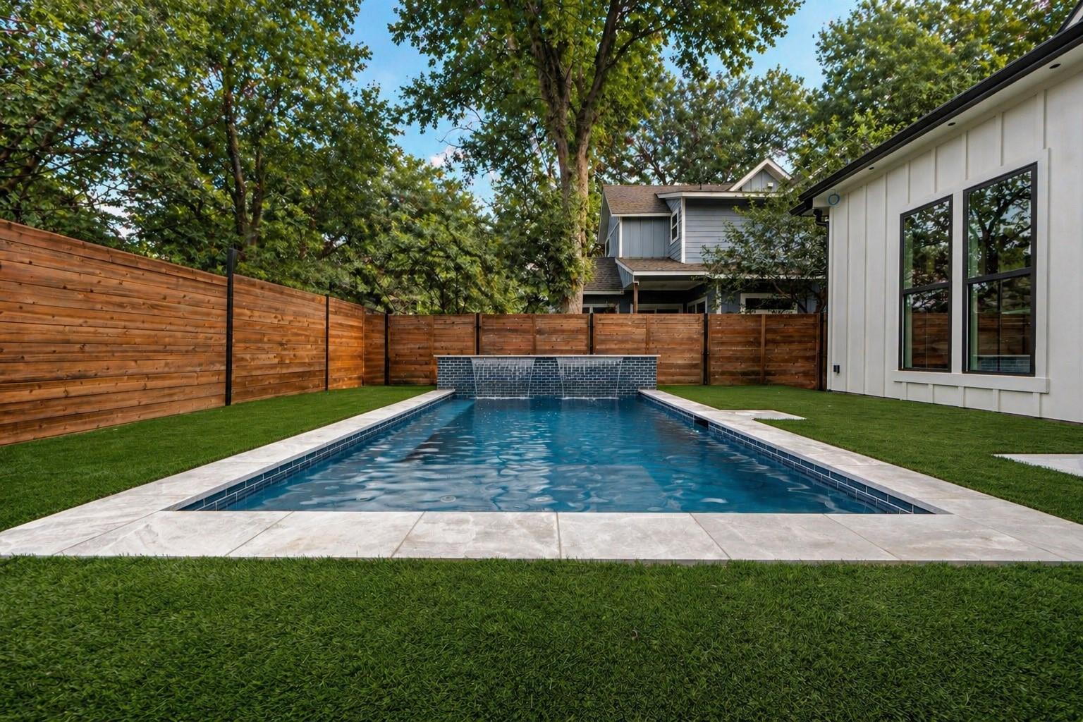 Rectangular swimming pool with a mosaic tile wate