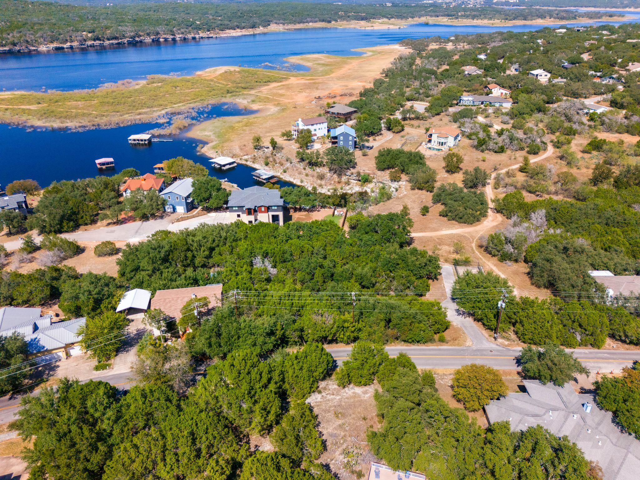 Aerial overview of property's location with a nea
