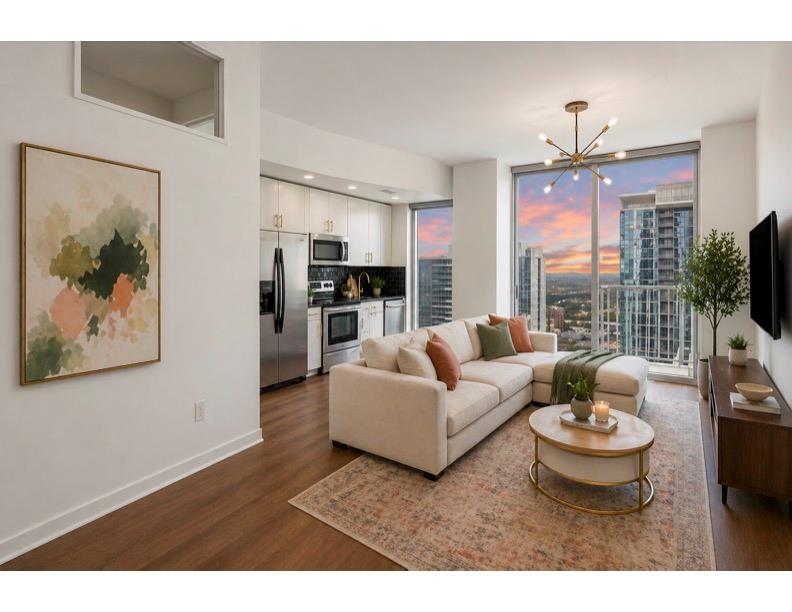 Open-concept living space with expansive floor-to