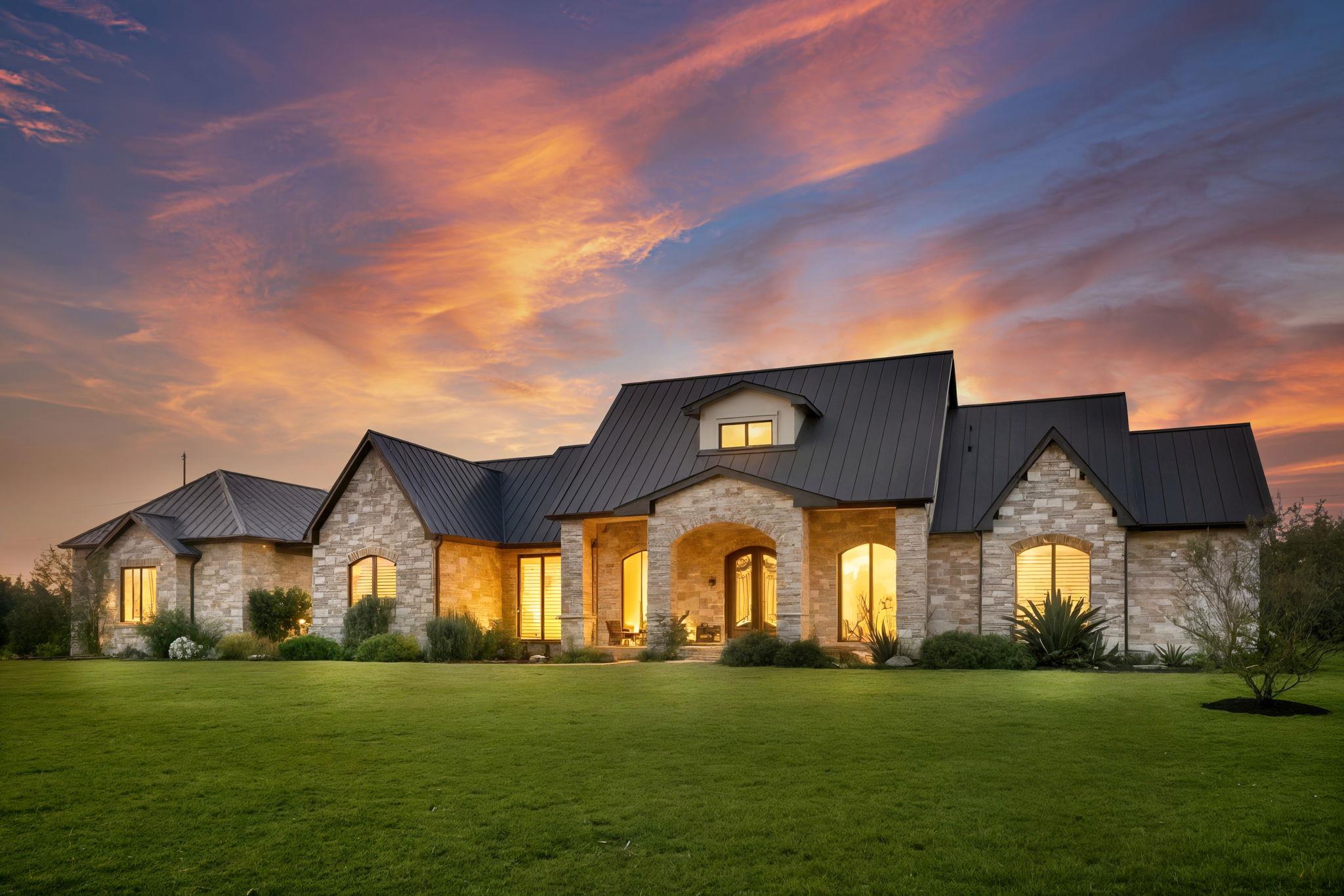 View of front facade featuring stone siding, a po