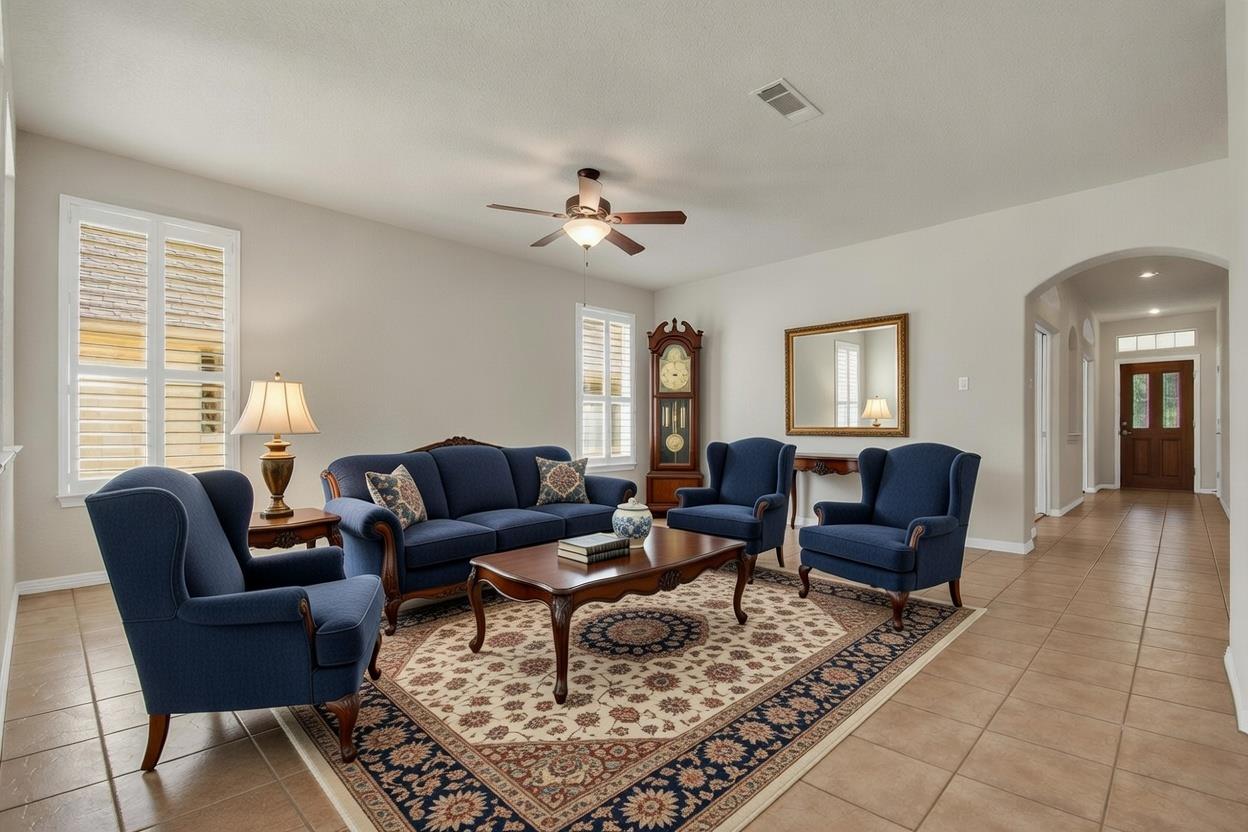 Living room featuring arched walkways, light tile