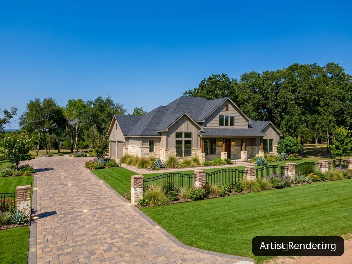 An elegant paved driveway leads to a custom home 