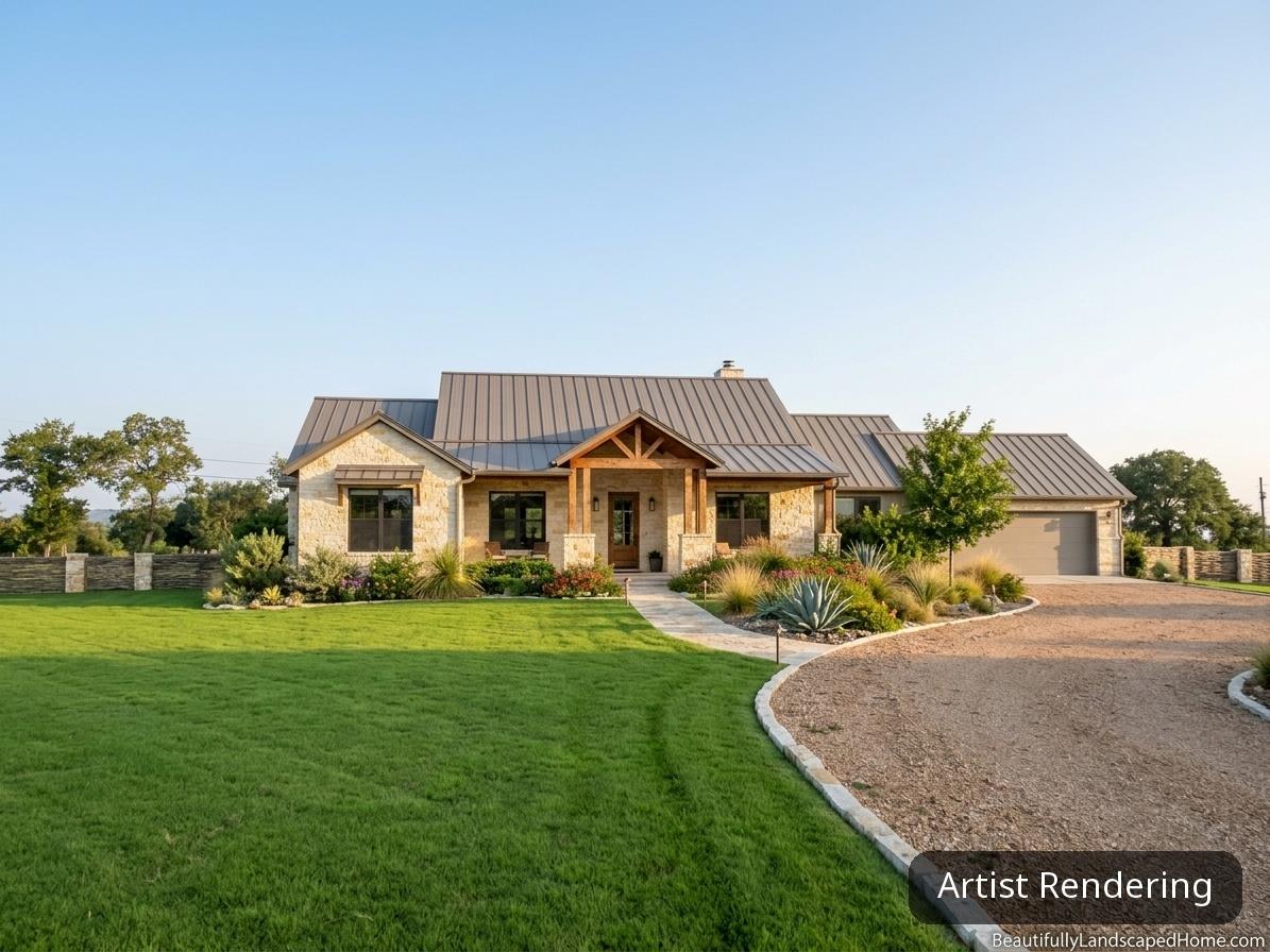 Natural stone masonry and a standing-seam metal r
