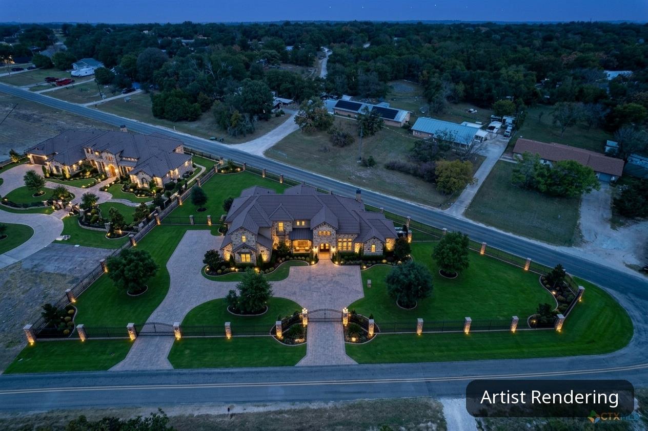 An aerial perspective showcases the stone facade,