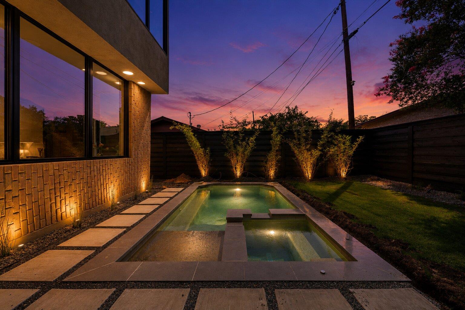 Illuminated backyard oasis with a pristine pool a
