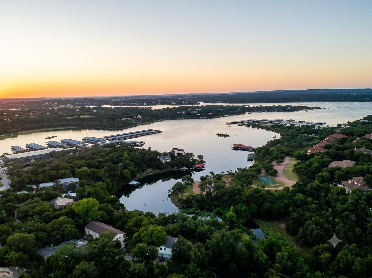 An aerial panorama reveals a vast waterfront comm