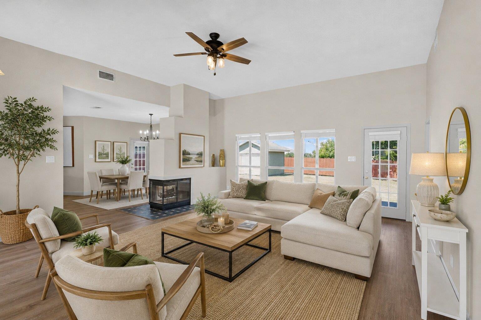 Natural light floods this inviting living area, s