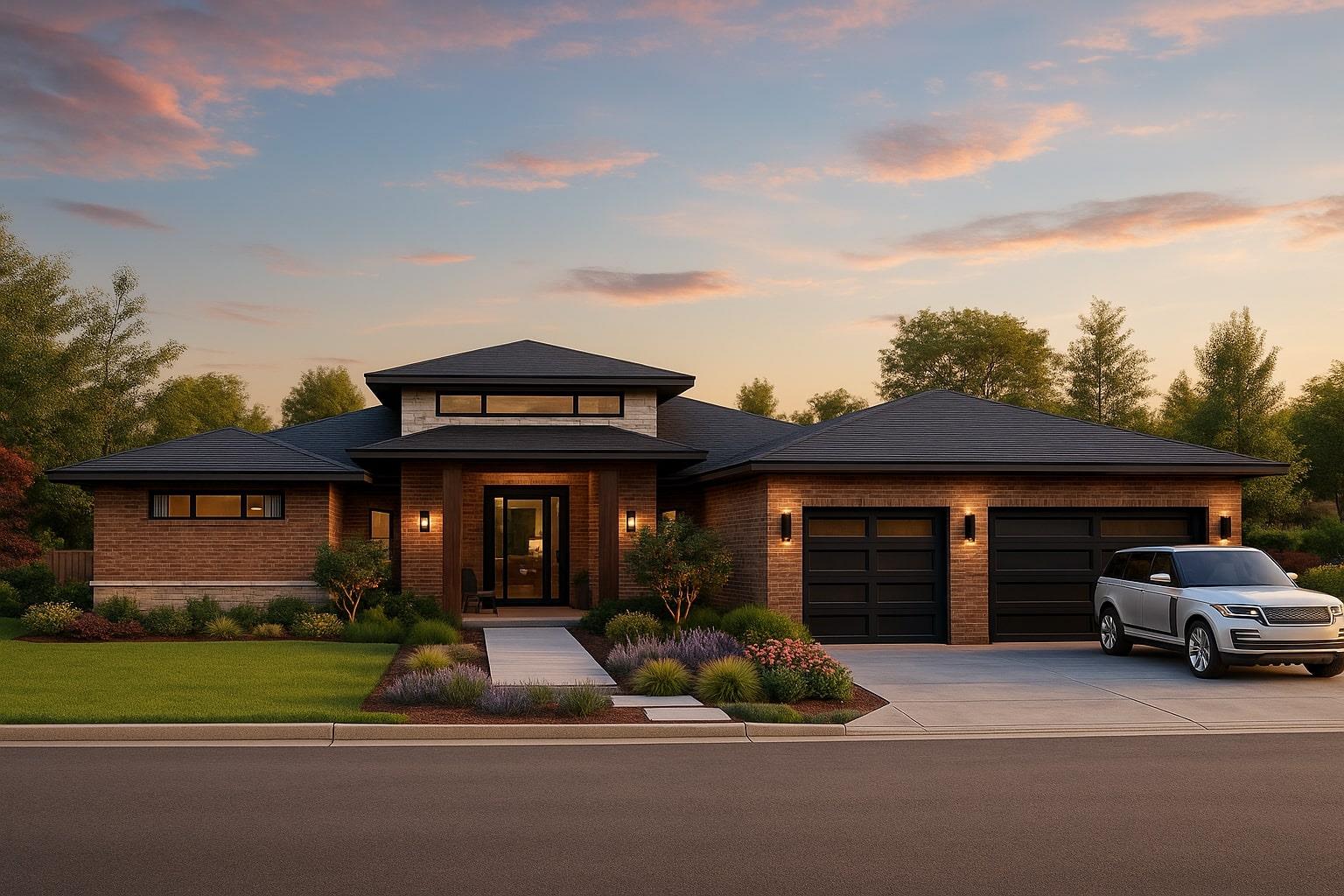 Prairie-style house featuring brick siding, concr