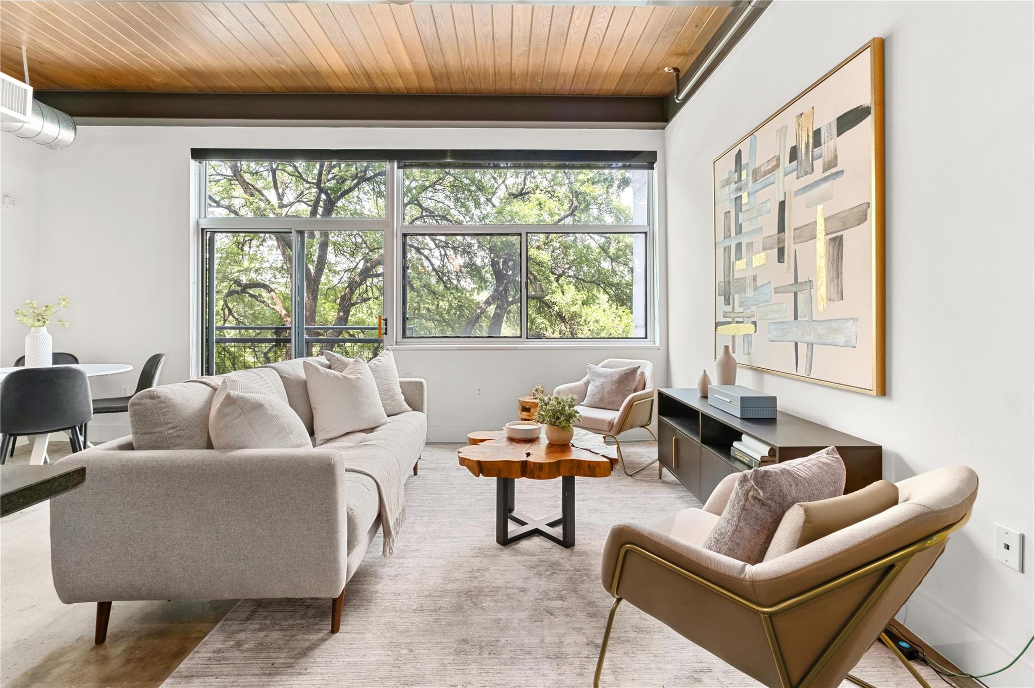 Living room with wooden ceiling