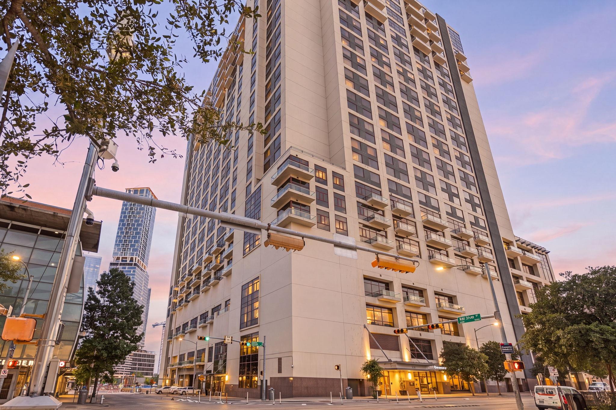 Grand modern building at sunset, offering city vi