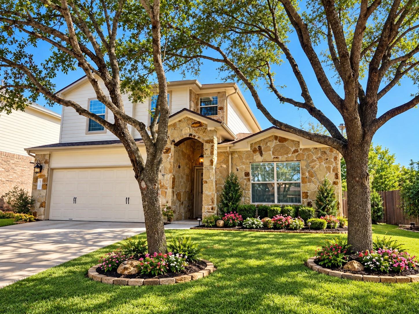 Mature trees and neat landscaping frame this eleg