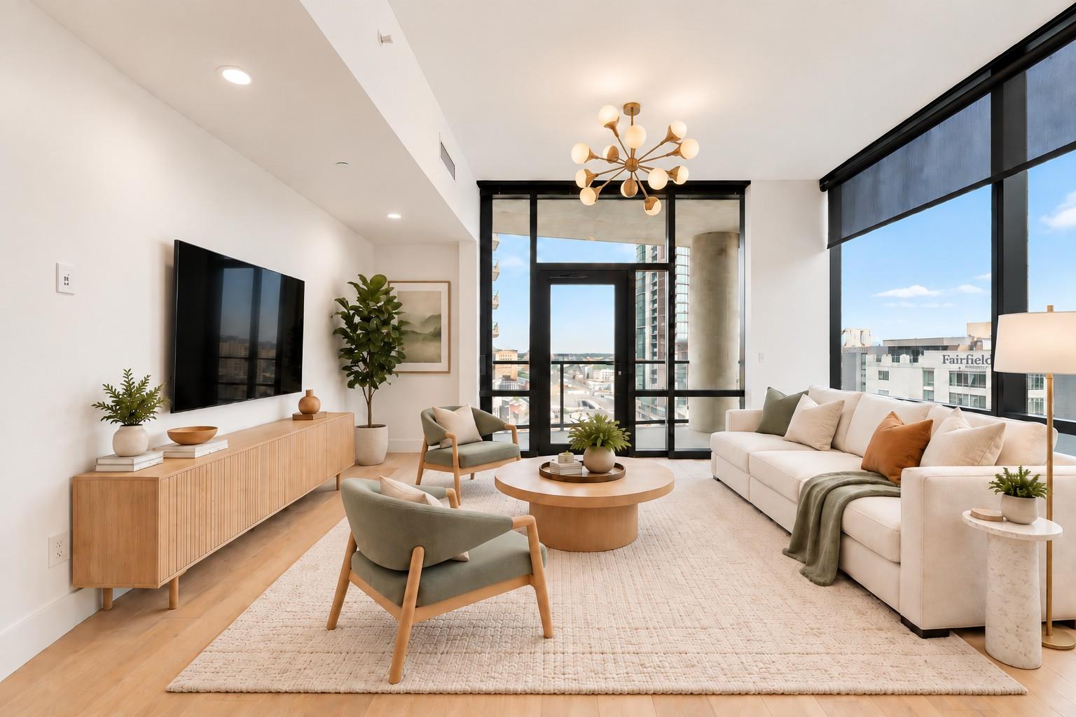 Floor-to-ceiling windows bathe this modern living