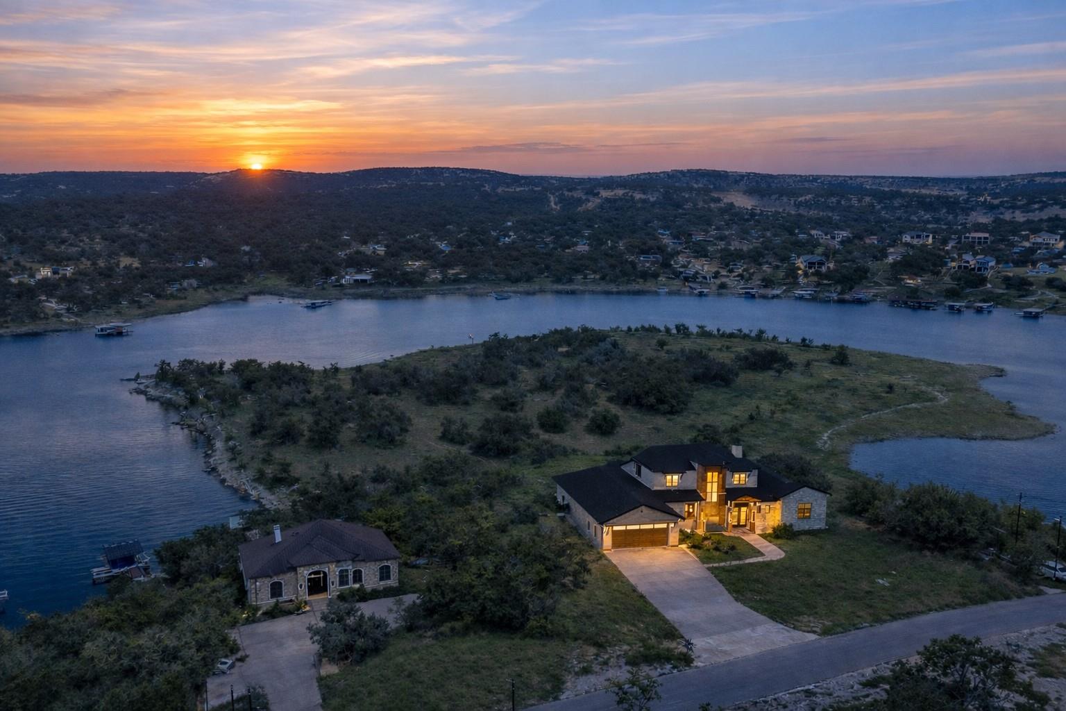 Aerial view at dusk of a water and mountain view