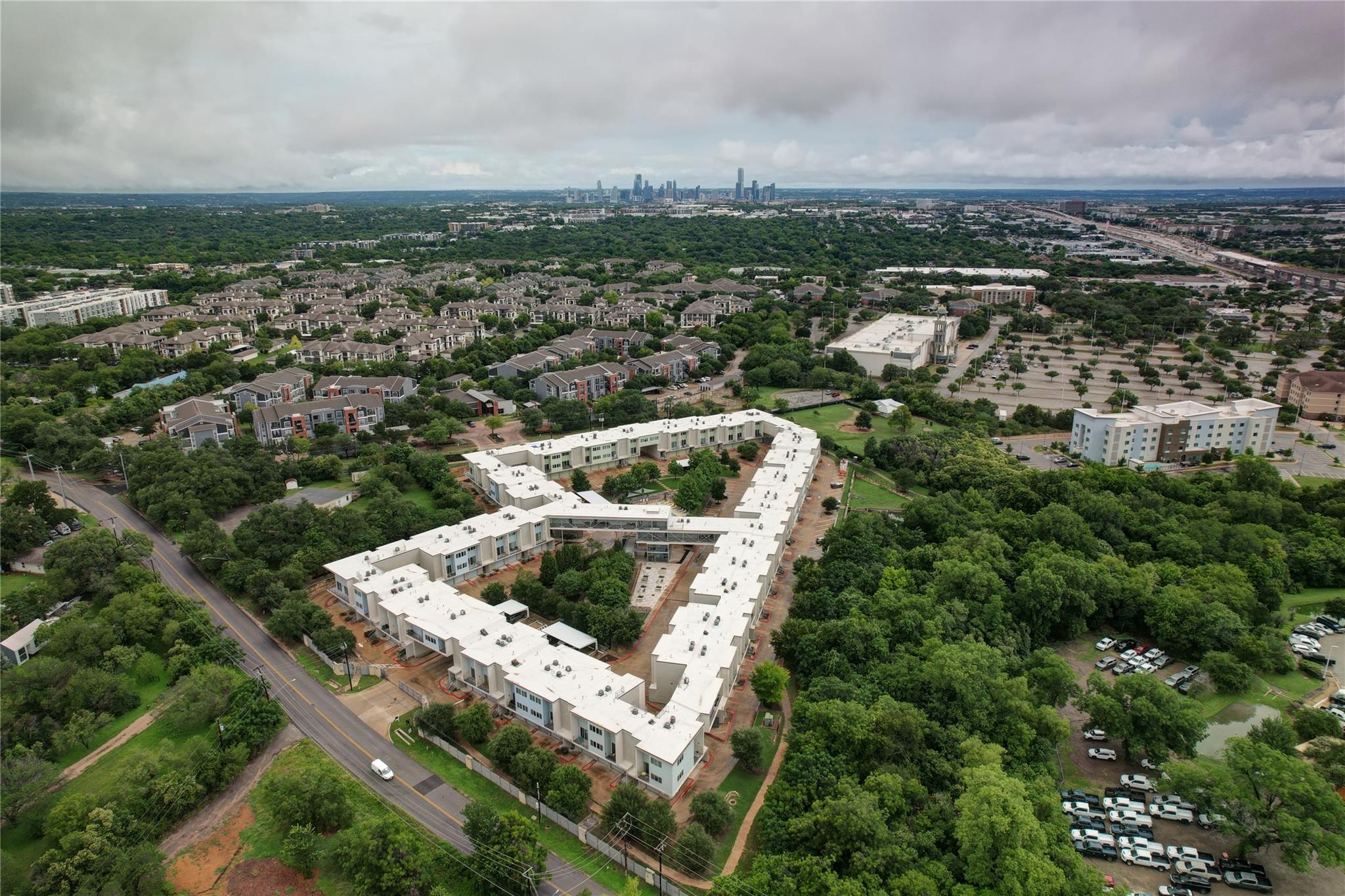 An aerial perspective reveals a vibrant neighborh