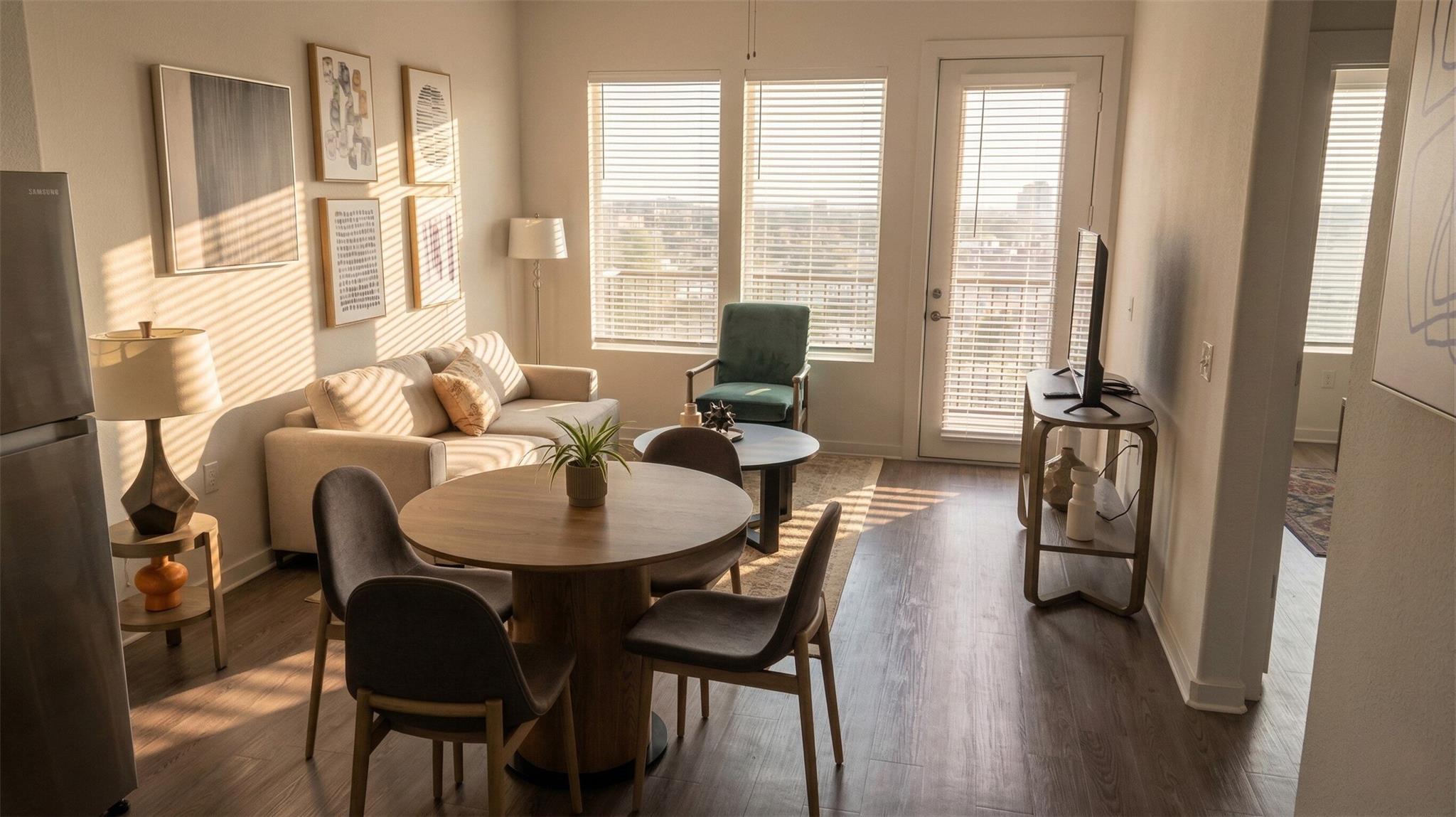 Dining area featuring dark wood-style flooring an