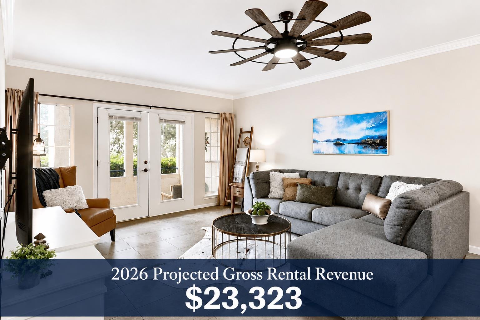 Double glass doors open to the outdoors from this