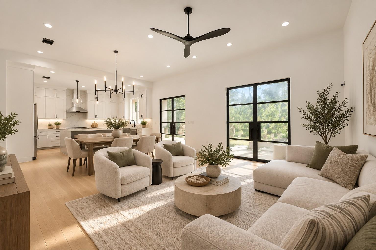 Crisp white walls and warm wood flooring define t