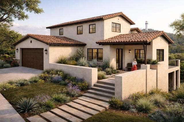Stucco exterior featuring a terracotta tile roof,