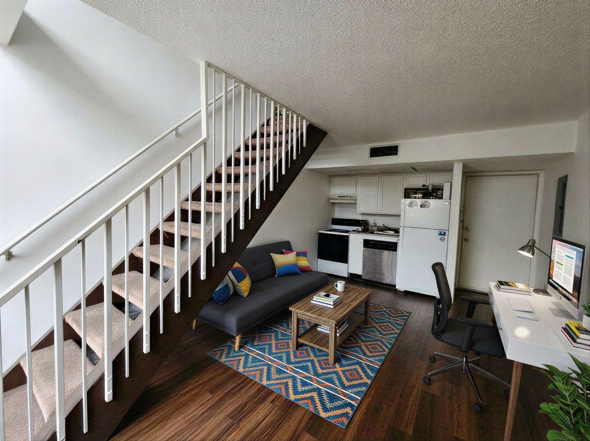 Living area with a desk, dark wood-style flooring