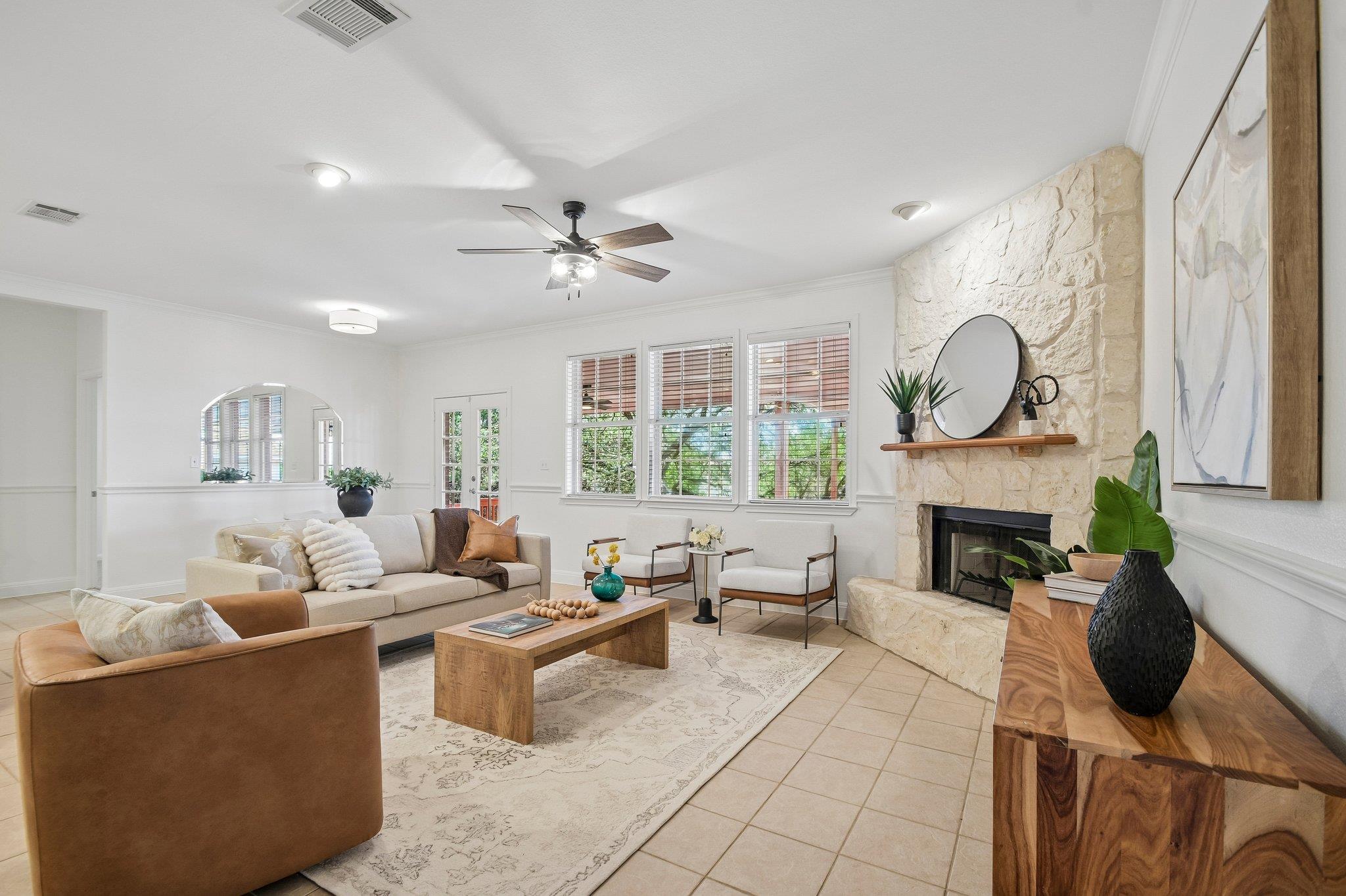 A comfortable living space featuring a tiled floo