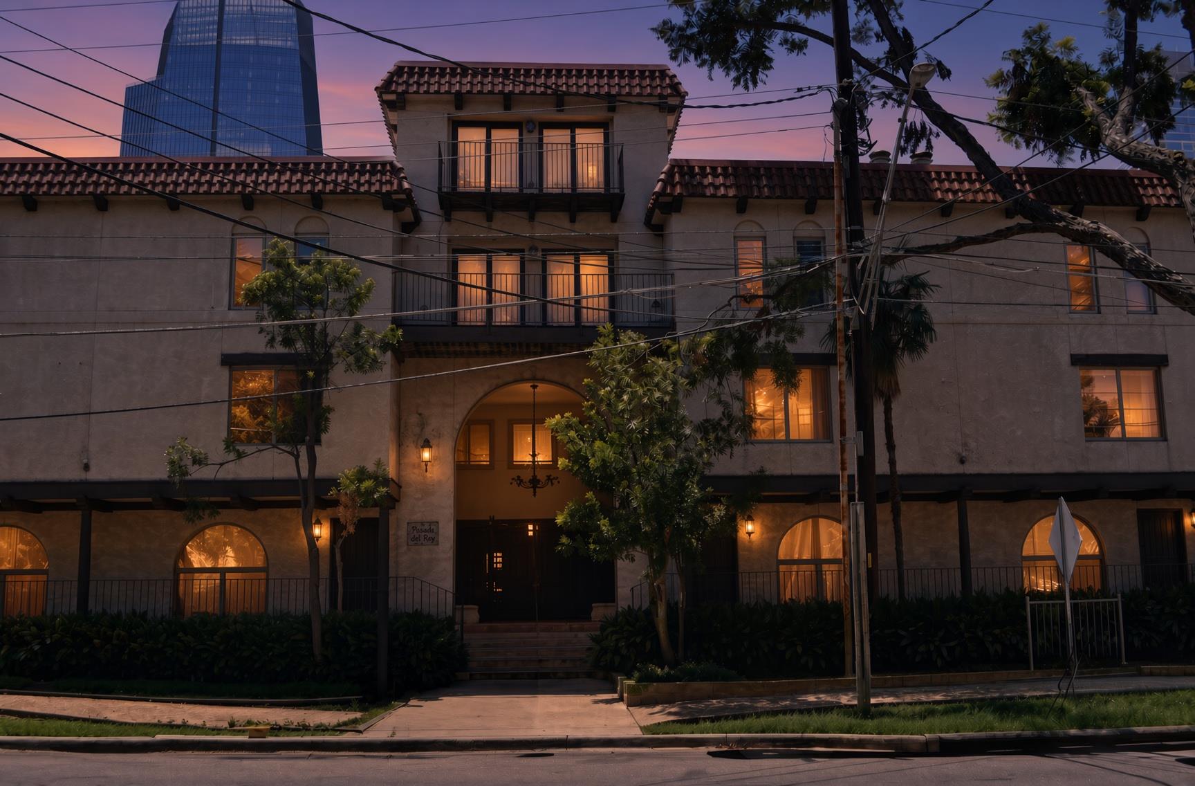 Spanish-style multi-story architecture stands out