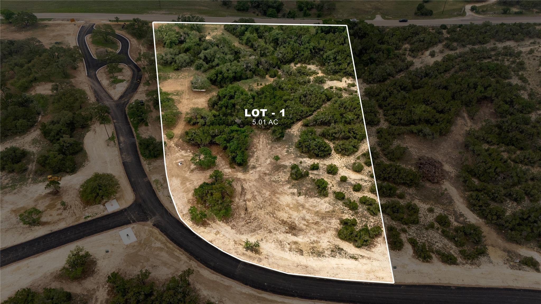 Aerial view highlighting Lot 1, a 5.01-acre parcel