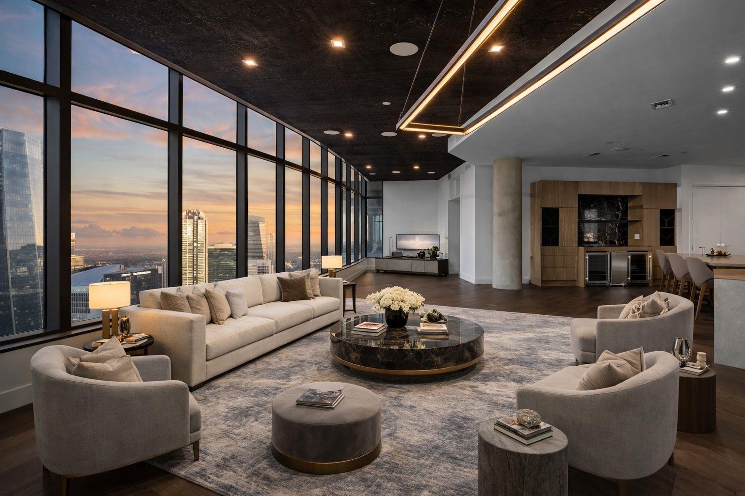 Building lobby with floor to ceiling windows and 