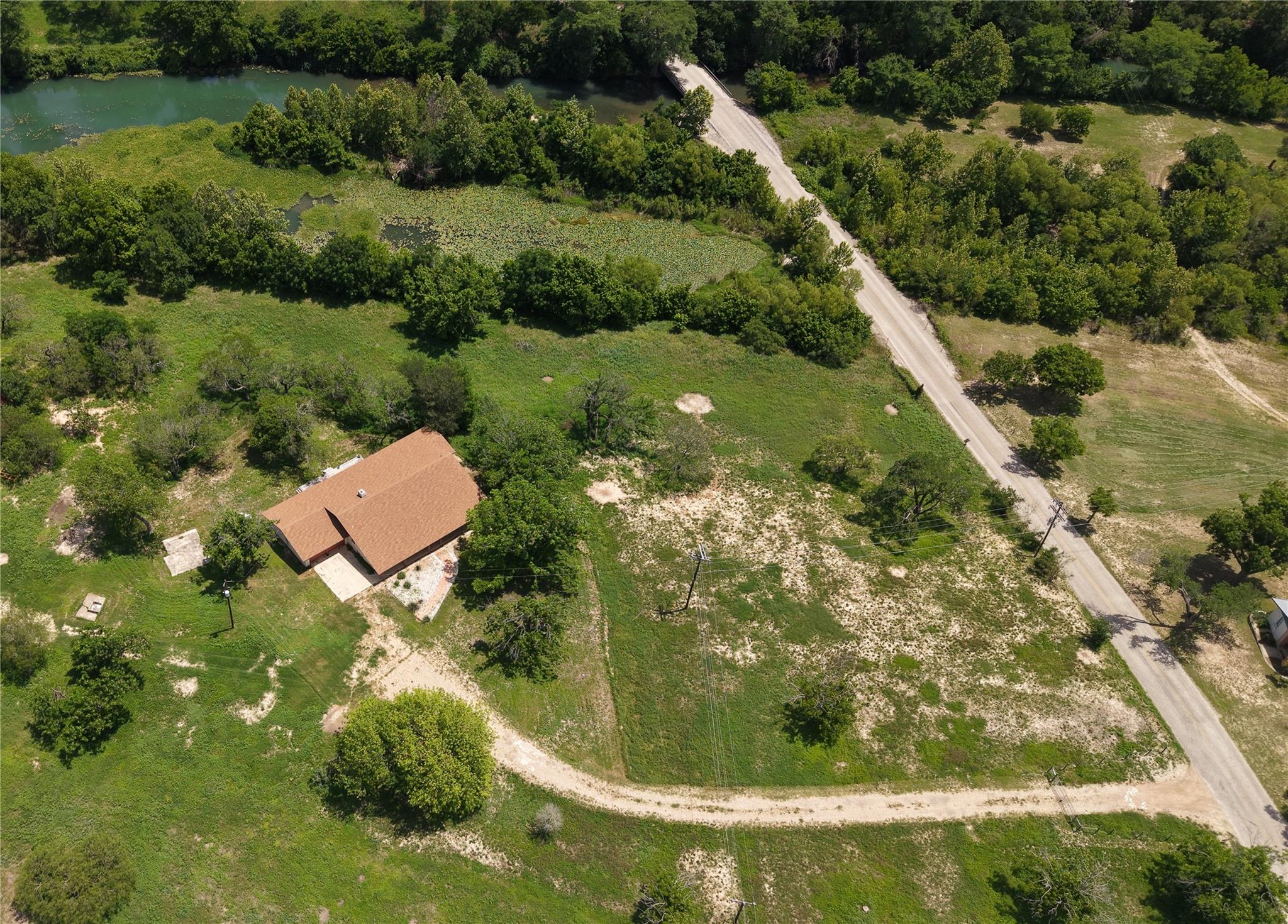 An aerial perspective reveals a secluded residenc