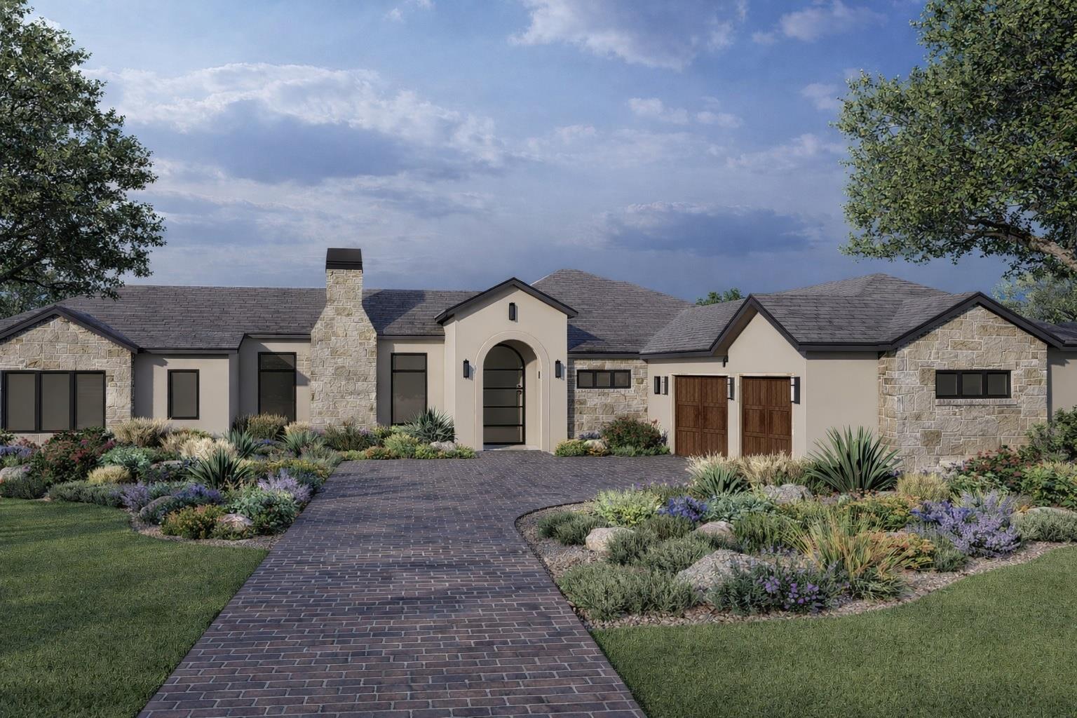 French country inspired facade featuring stone si
