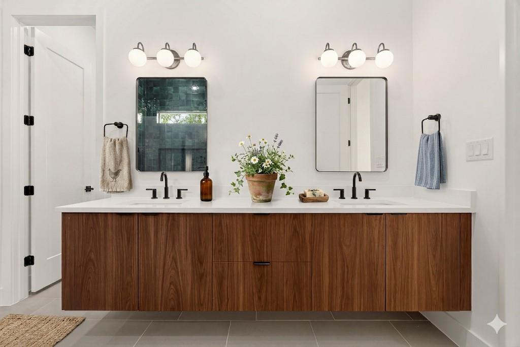 Full bathroom featuring double vanity, light tile
