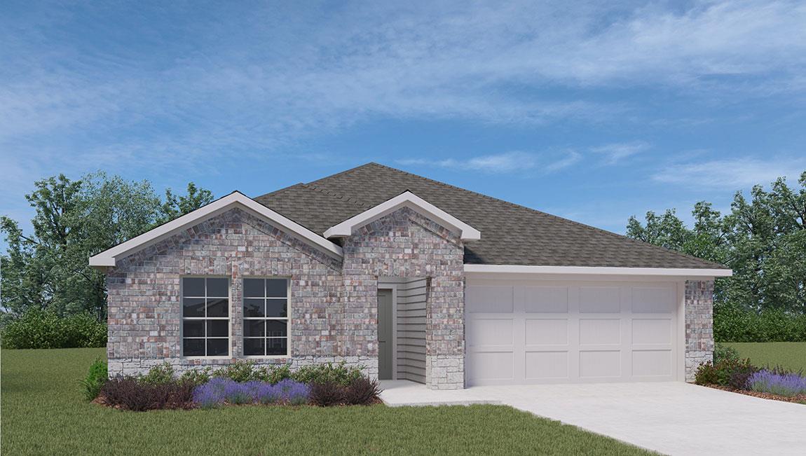 Single story home with a front yard, an attached 