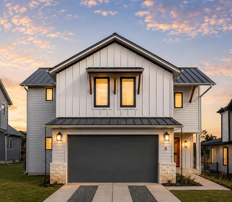 Modern farmhouse style home with an inviting entr