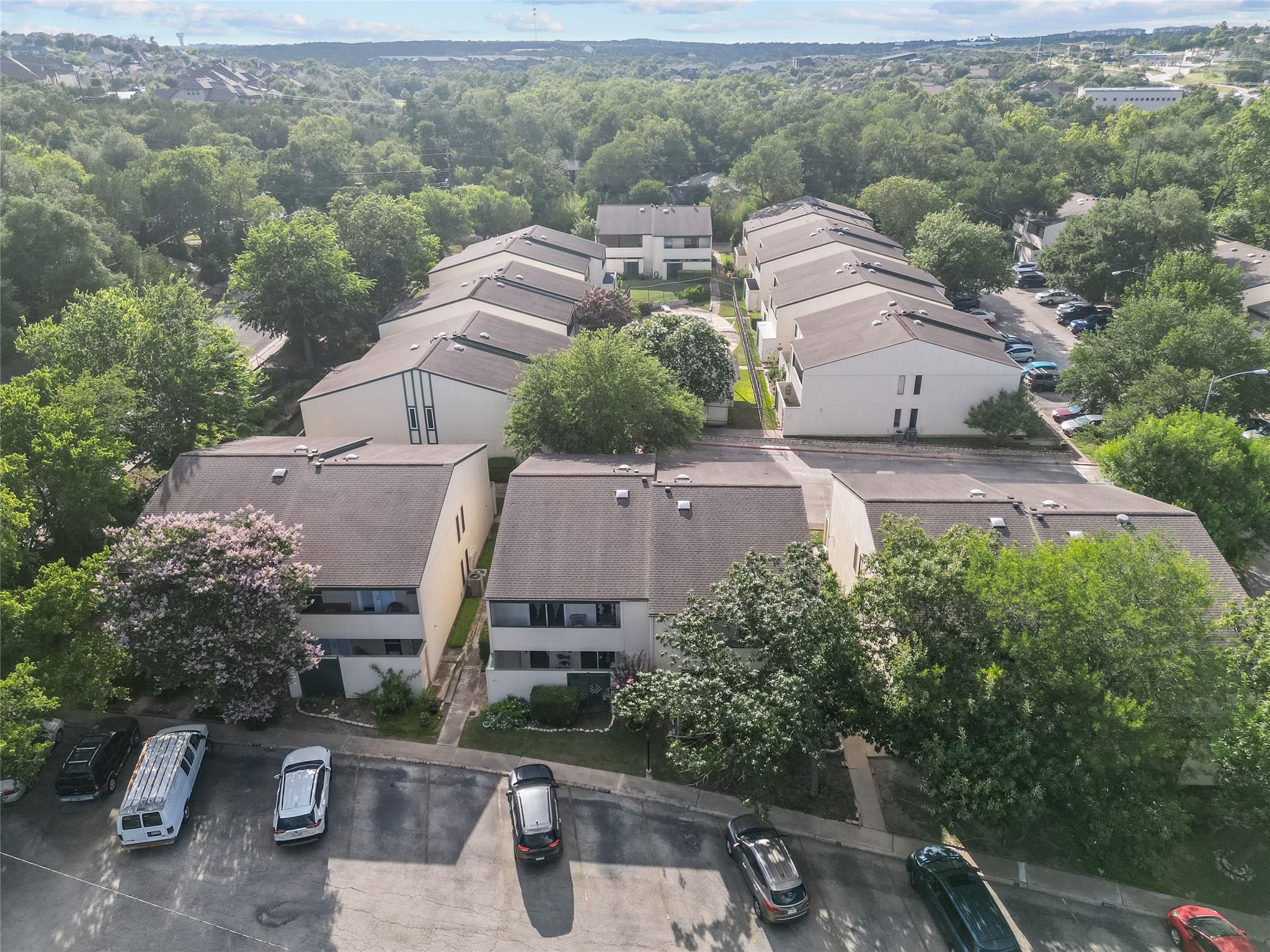 An aerial perspective reveals a community of town
