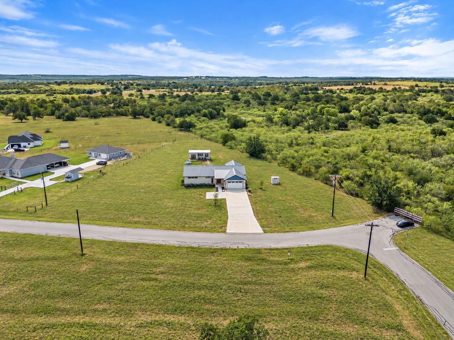 An aerial perspective showcases a countryside hom