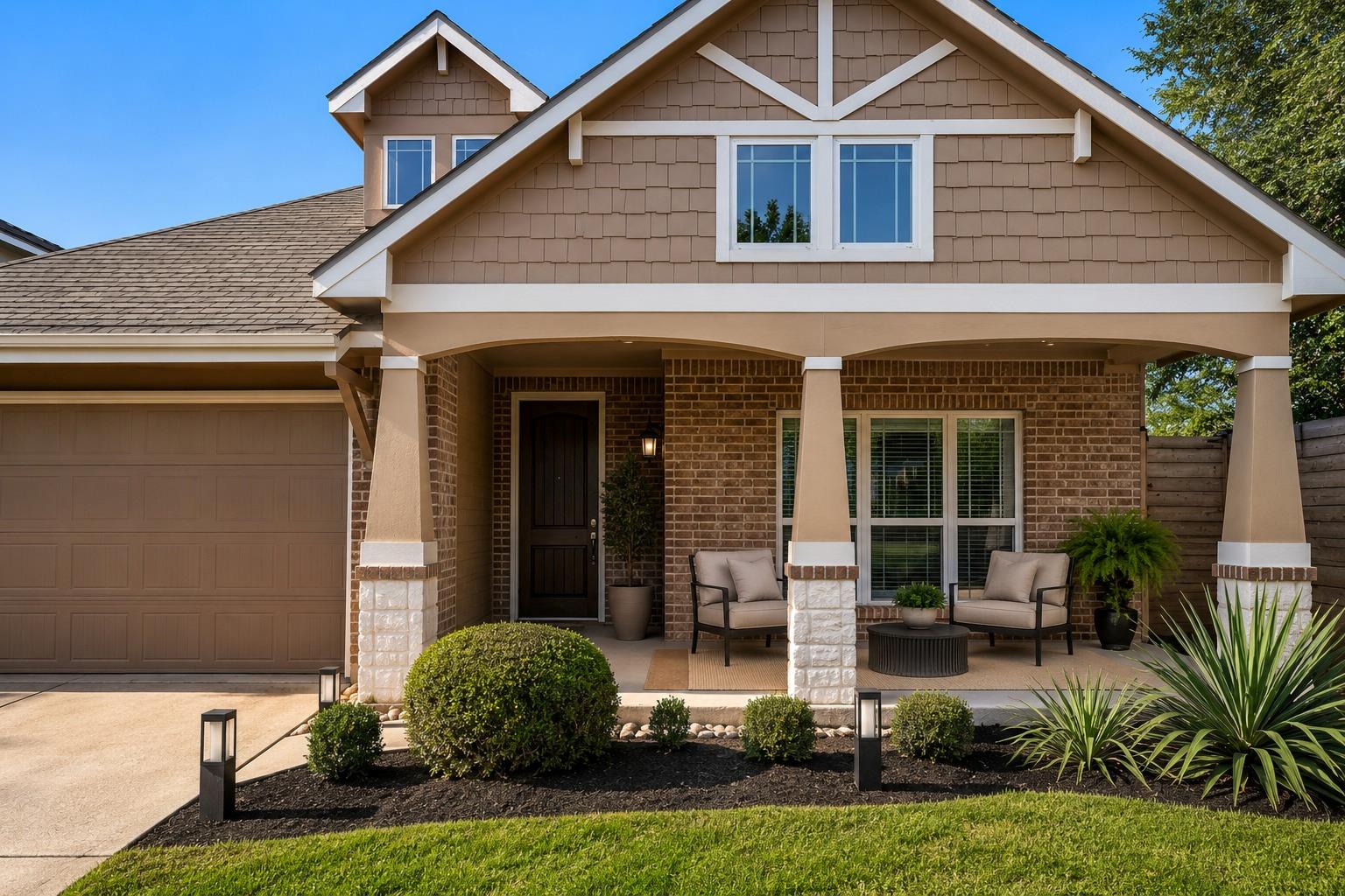 A welcoming front porch with stylish seating invi